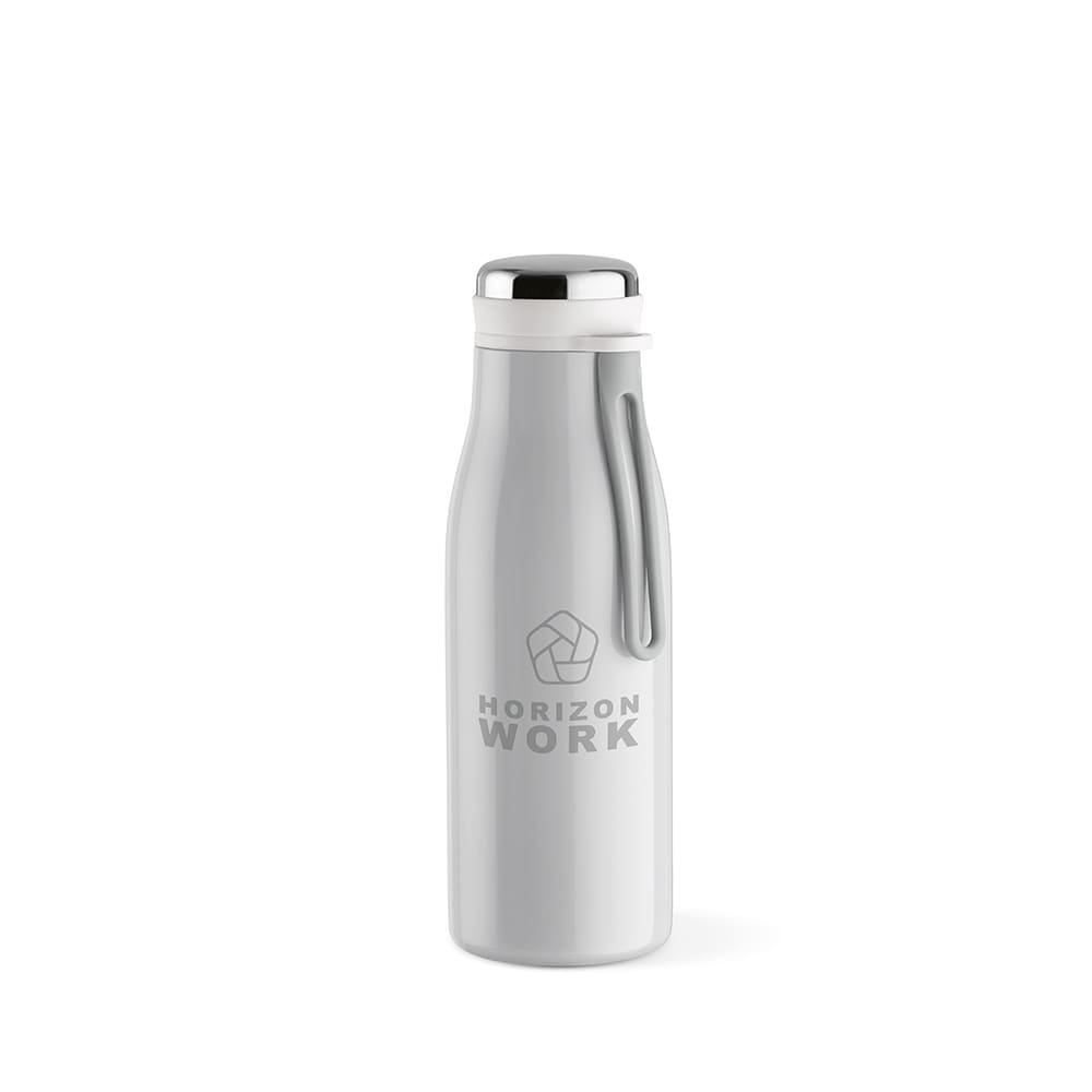 A drink bottle in silver stainless steel with a screw-top lid, leakproof design, and a convenient handle.