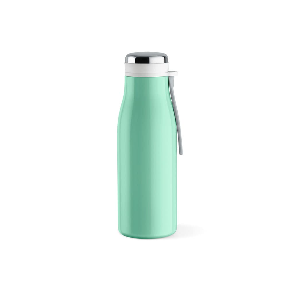 A drink bottle in mint green, featuring a double wall design, leakproof lid, and a handle. Includes a logo.