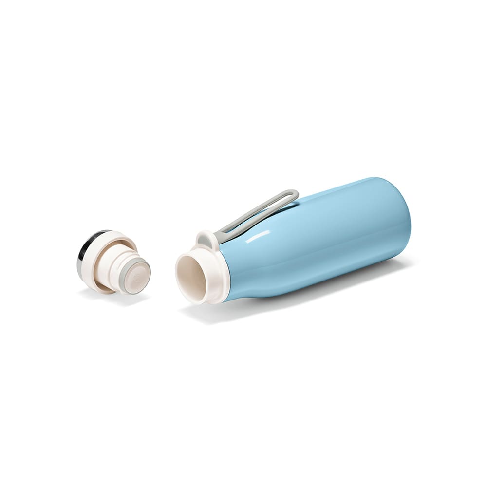 A drink bottle with a light blue exterior, double wall, and a removable lid featuring a handle. It has a logo.