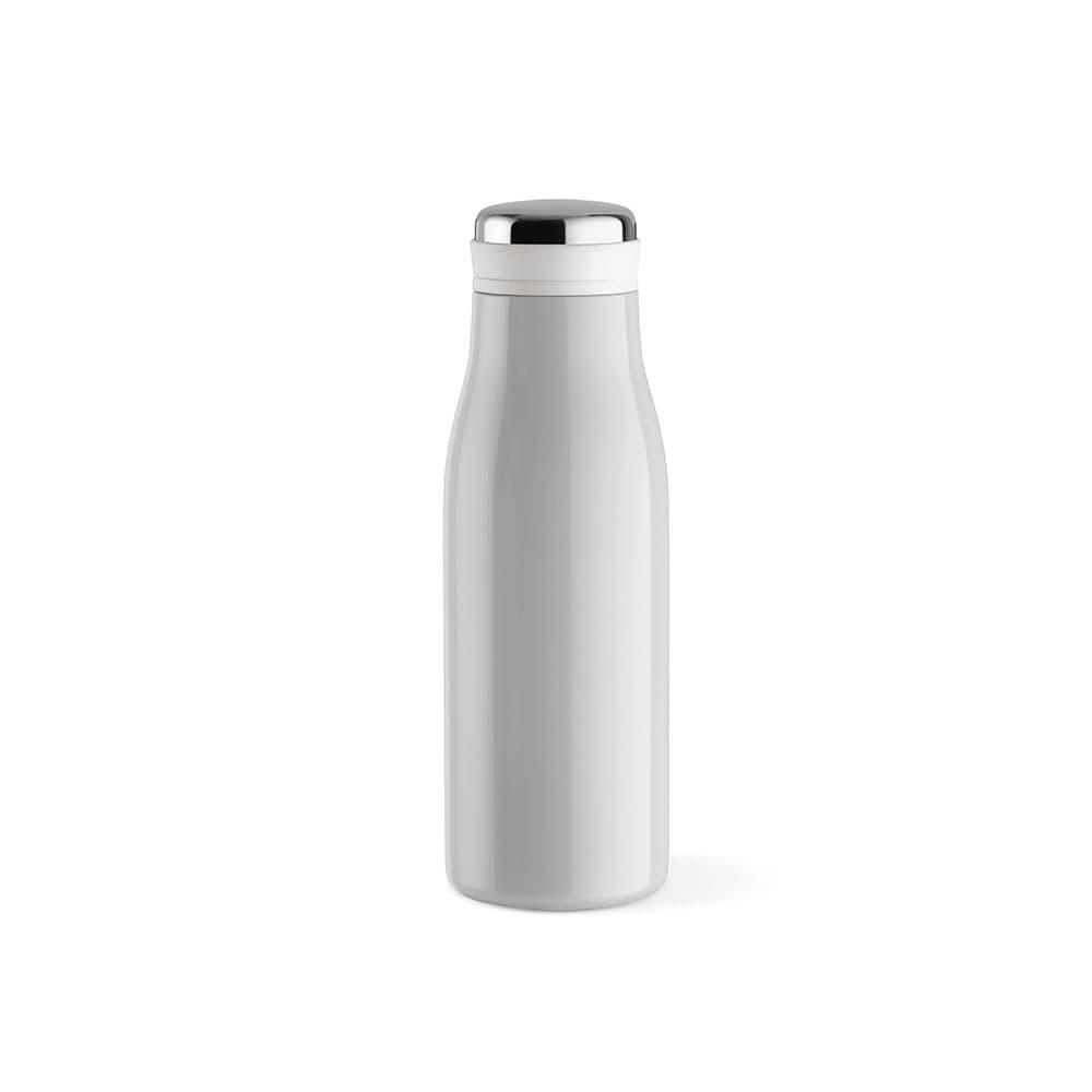 A drink bottle in silver with a sleek design, featuring a handle, double wall, and a leakproof lid.