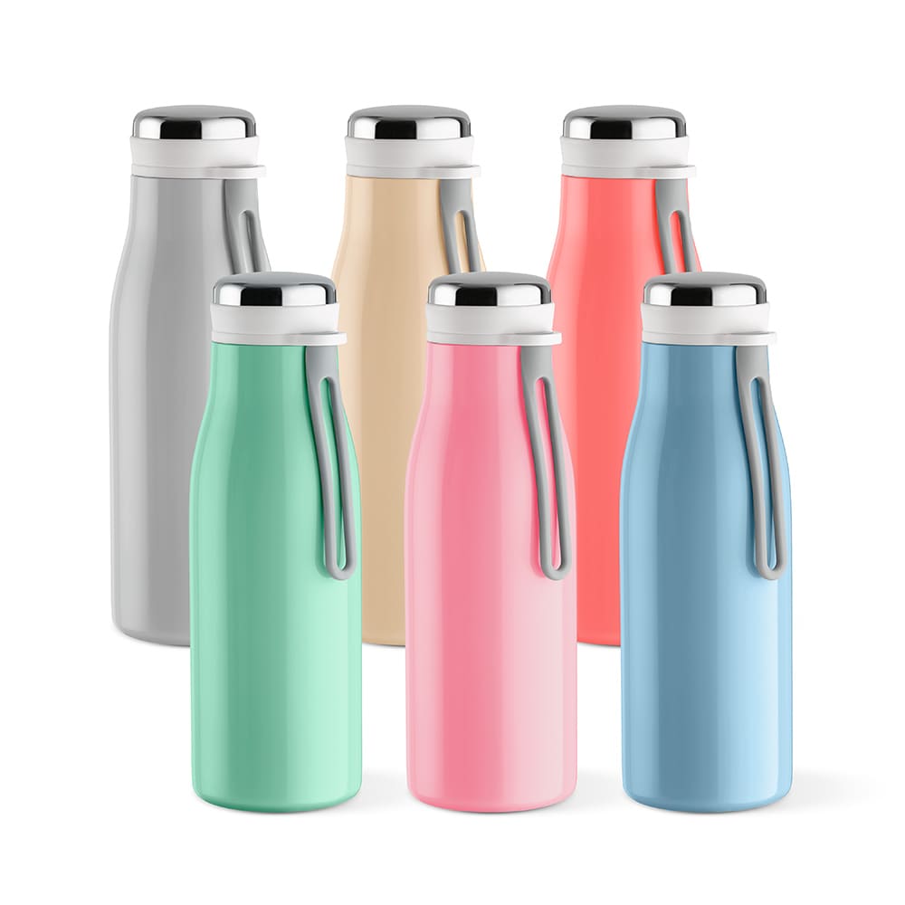 A drink bottle collection features six styles in grey, beige, coral, mint green, pink, and blue, all with handles and sleek designs.