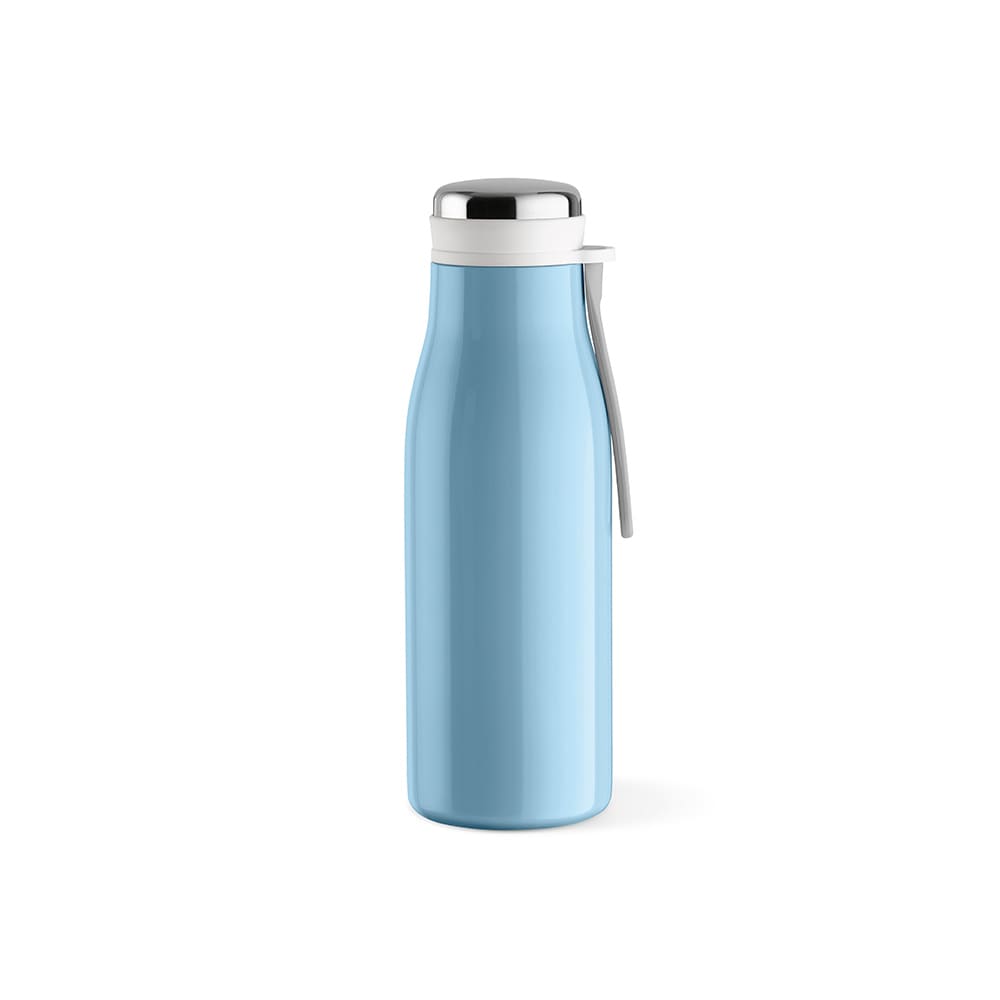 A drink bottle in light blue, featuring a double wall design, leakproof cap, and handle. It includes a logo.