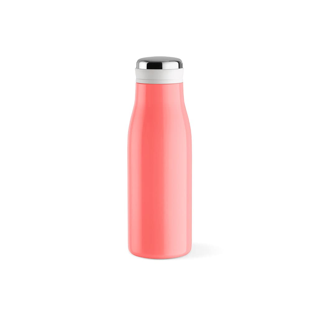 A drink bottle in coral pink with a silver lid, featuring a sleek design and a handle. It has a logo.