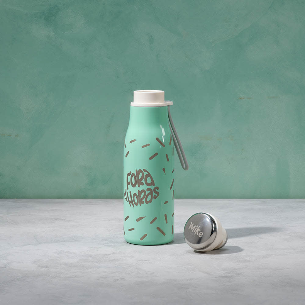 A drink bottle in mint green with a textured design, featuring a white lid and a handle. It has a logo on the side.