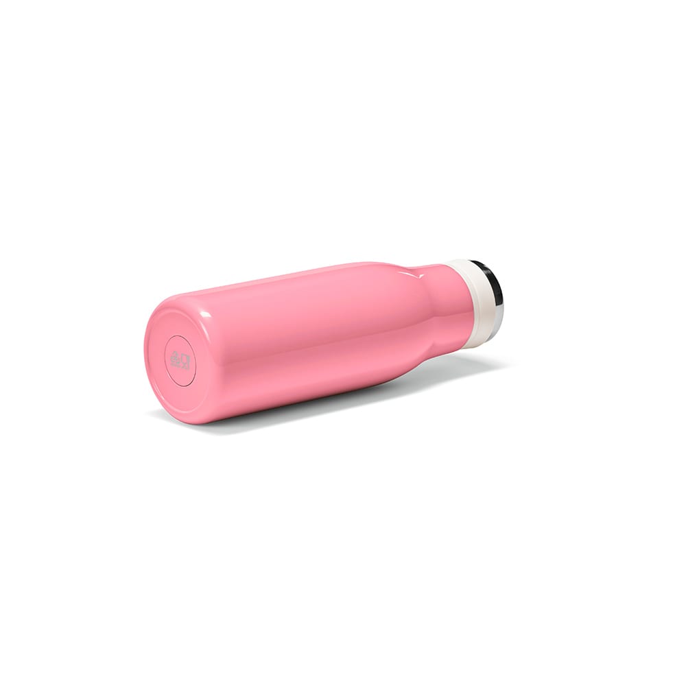 A drink bottle in a pink colour, featuring a double wall, leakproof design, and a handle. The bottle has a logo.