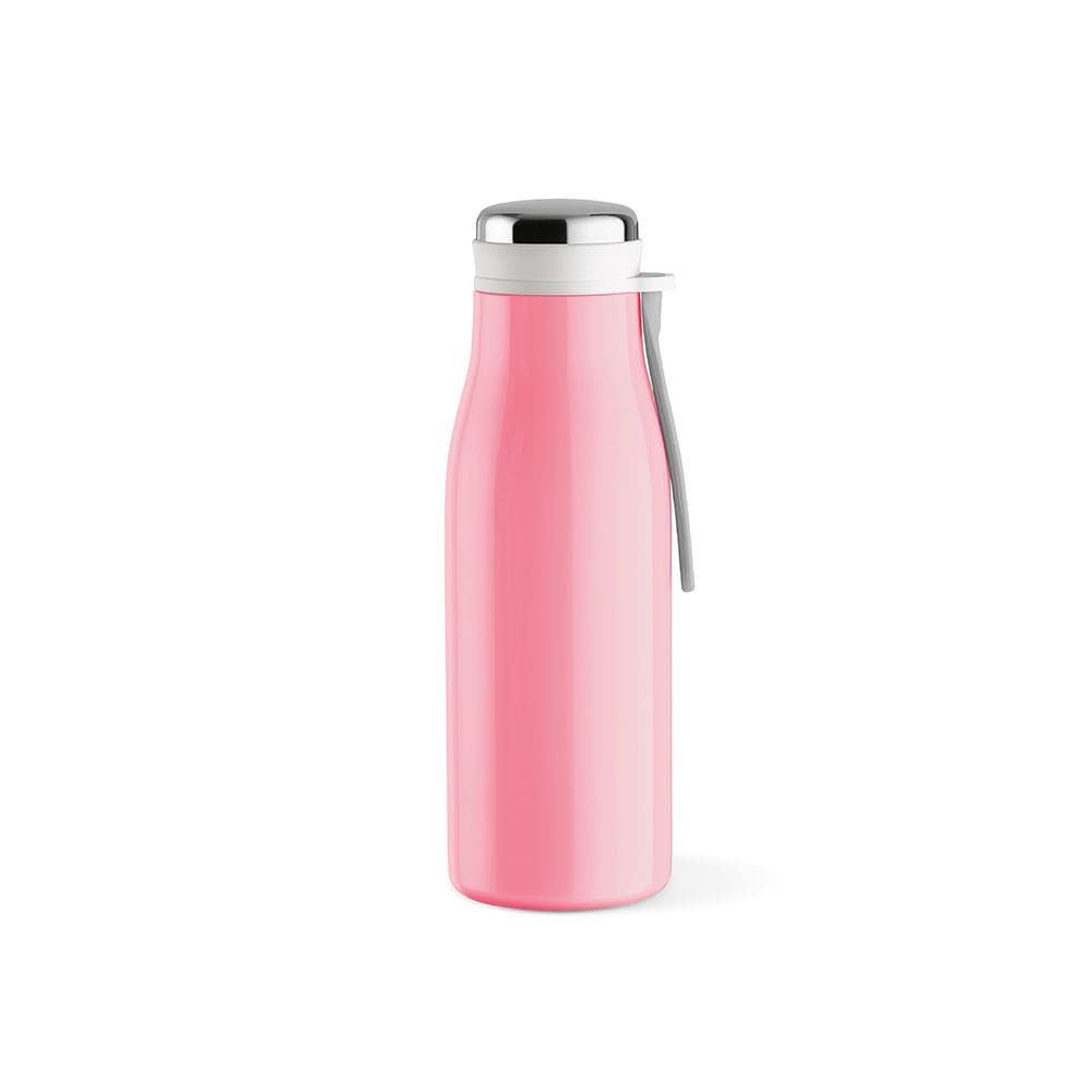 A drink bottle in a vibrant pink colour with a silver lid, featuring a handle and a leakproof design.