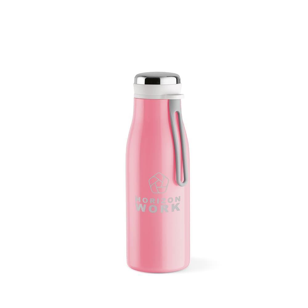 A drink bottle in a pink finish with a double wall, leakproof design, and a handle. It features a logo.