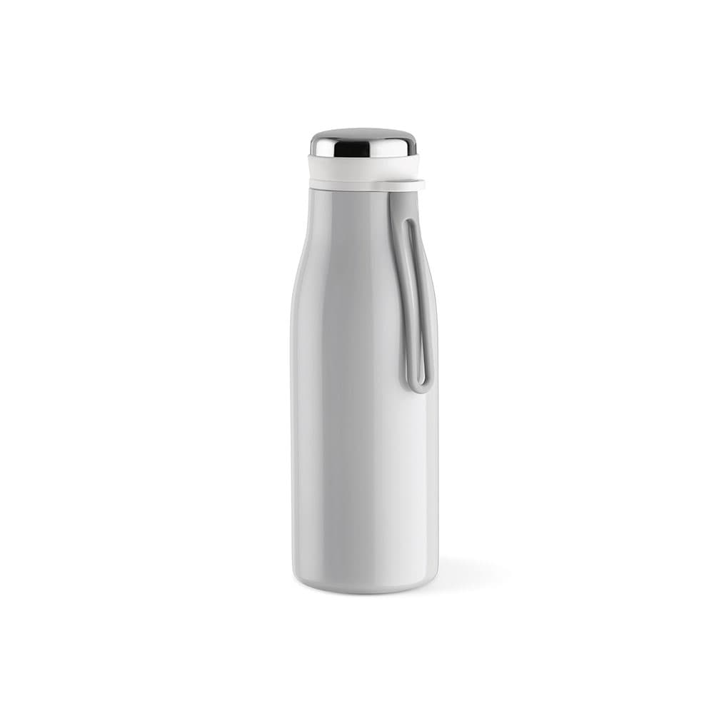 A drink bottle in silver with a stainless steel top, featuring a handle and a leakproof design.
