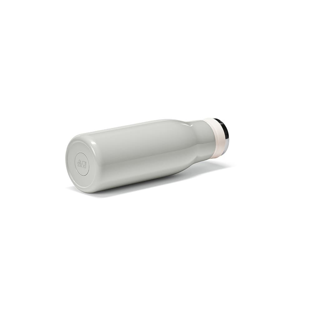 A drink bottle in light grey with a white cap, featuring a double wall, leakproof design, and a handle.
