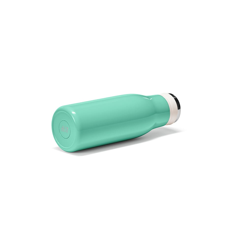 A drink bottle in a mint green colour, featuring a double wall, leakproof design, and a handle. It has a logo.