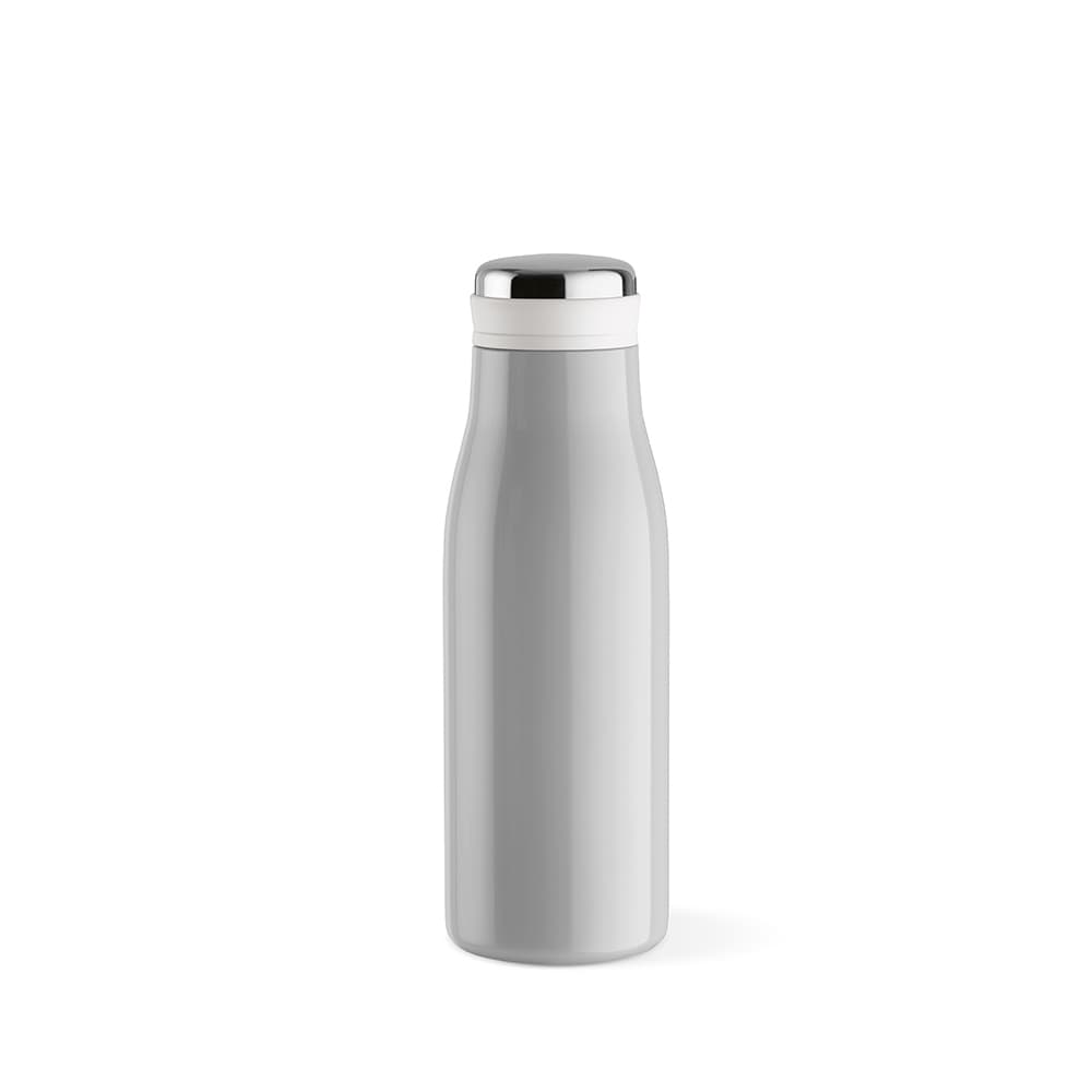 A drink bottle in a sleek silver finish with a white lid, featuring a handle and a logo.