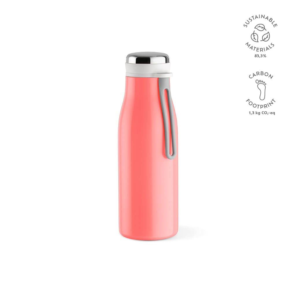 A drink bottle in a coral colour with a stainless steel lid, leakproof design, handle, and branding.
