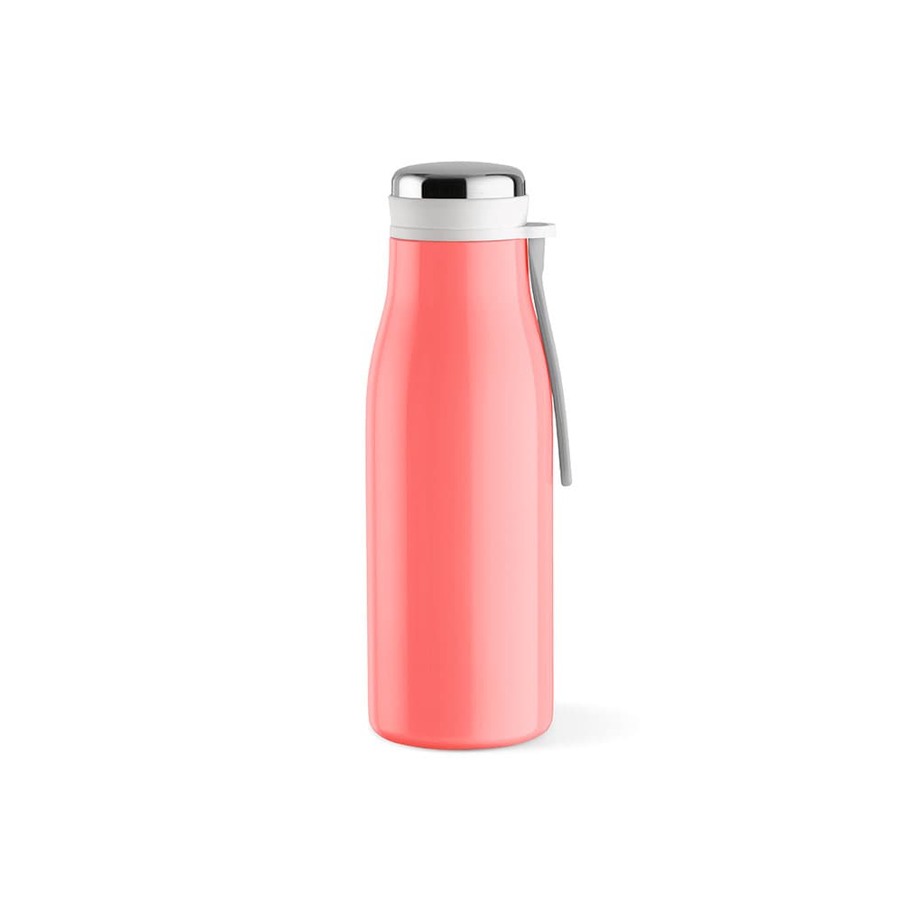 A drink bottle in bright coral with a silver lid, featuring a handle and leakproof design. It has a logo.