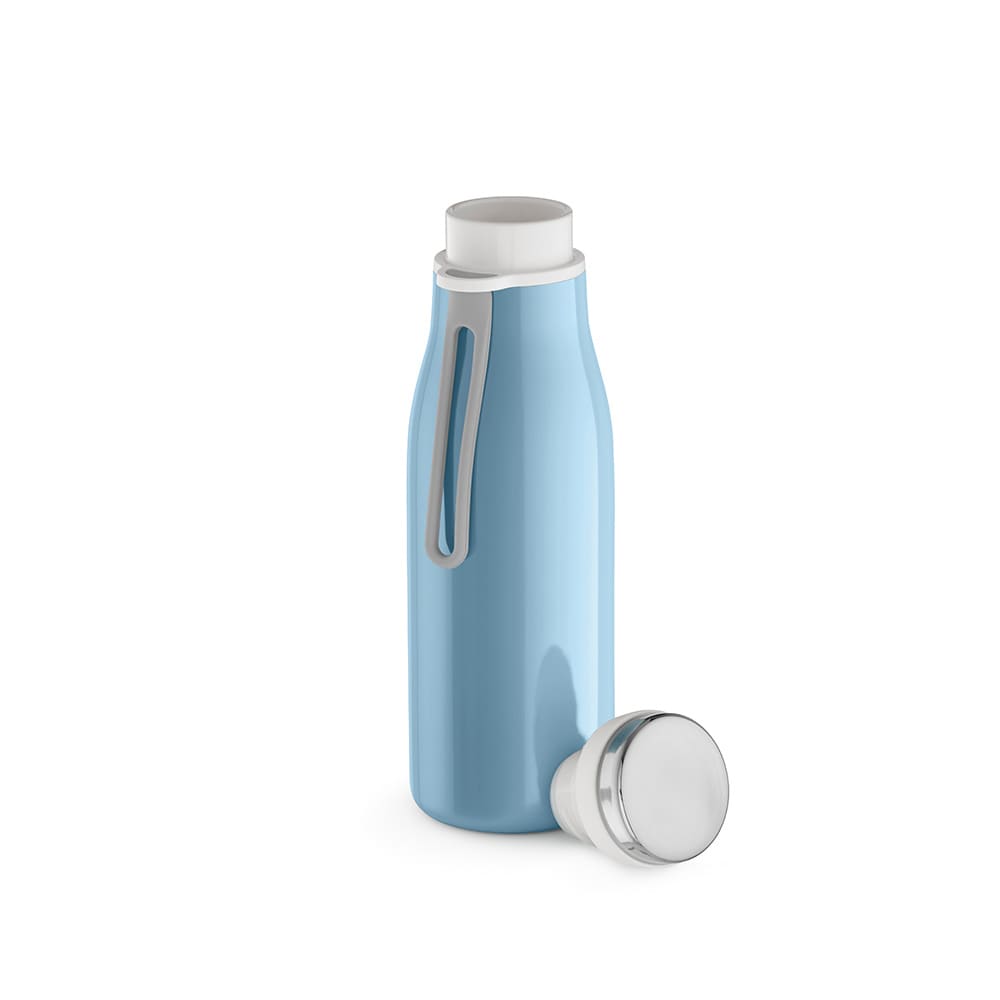 A drink bottle in light blue with a double wall, leakproof design, and a handle, featuring a silver cap.