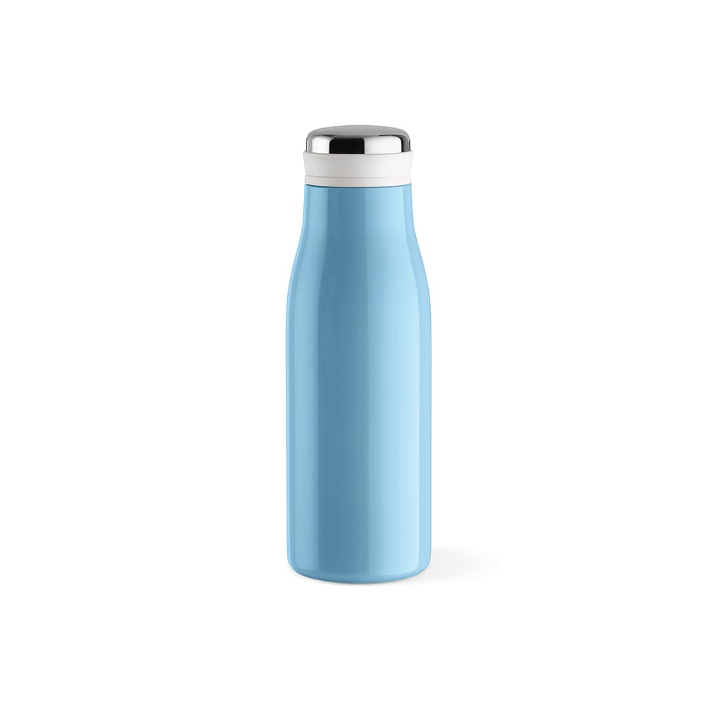 A drink bottle in light blue with a silver and white cap, featuring a double wall and a handle.