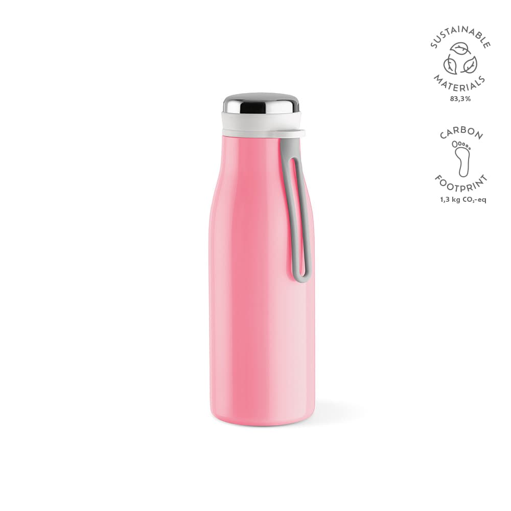 A drink bottle in pink with a silver cap, featuring a handle and a logo. Double wall and leakproof design.