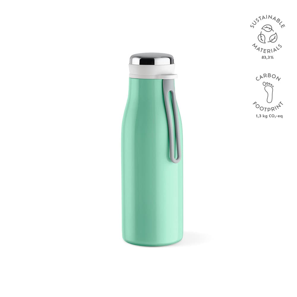 A drink bottle in mint green, featuring a double wall, leakproof design, a handle, and a logo.
