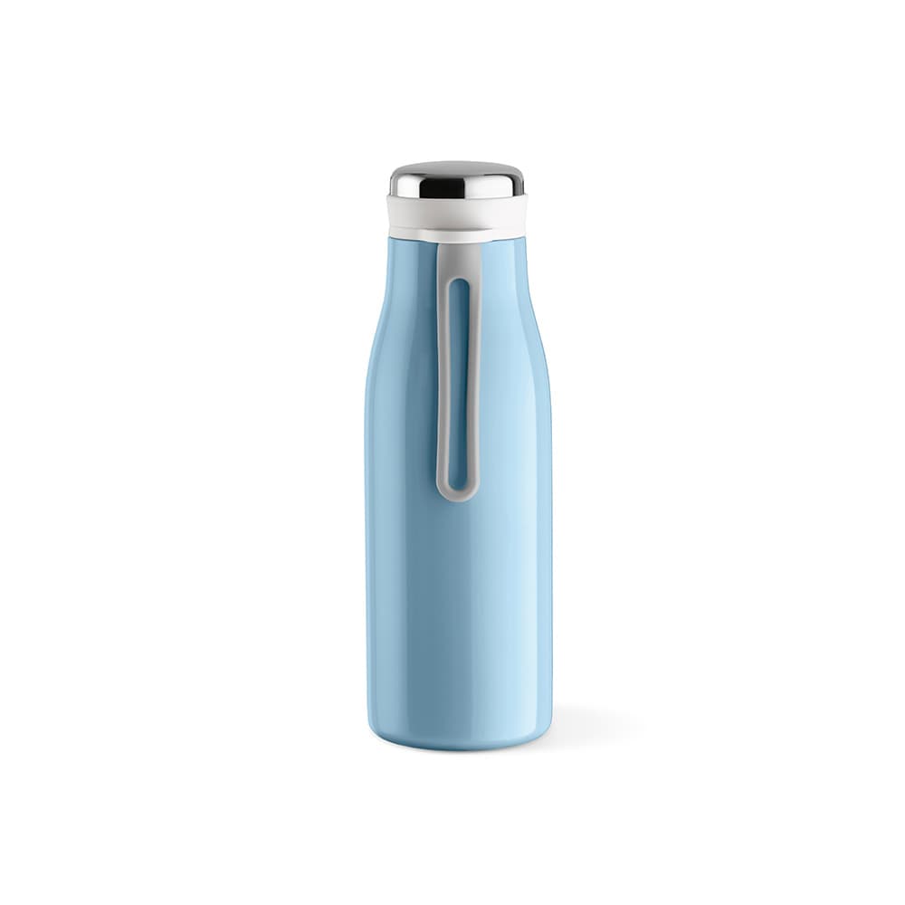 A drink bottle in light blue, featuring a double wall, leakproof design, and a handle. It has a logo on the side.