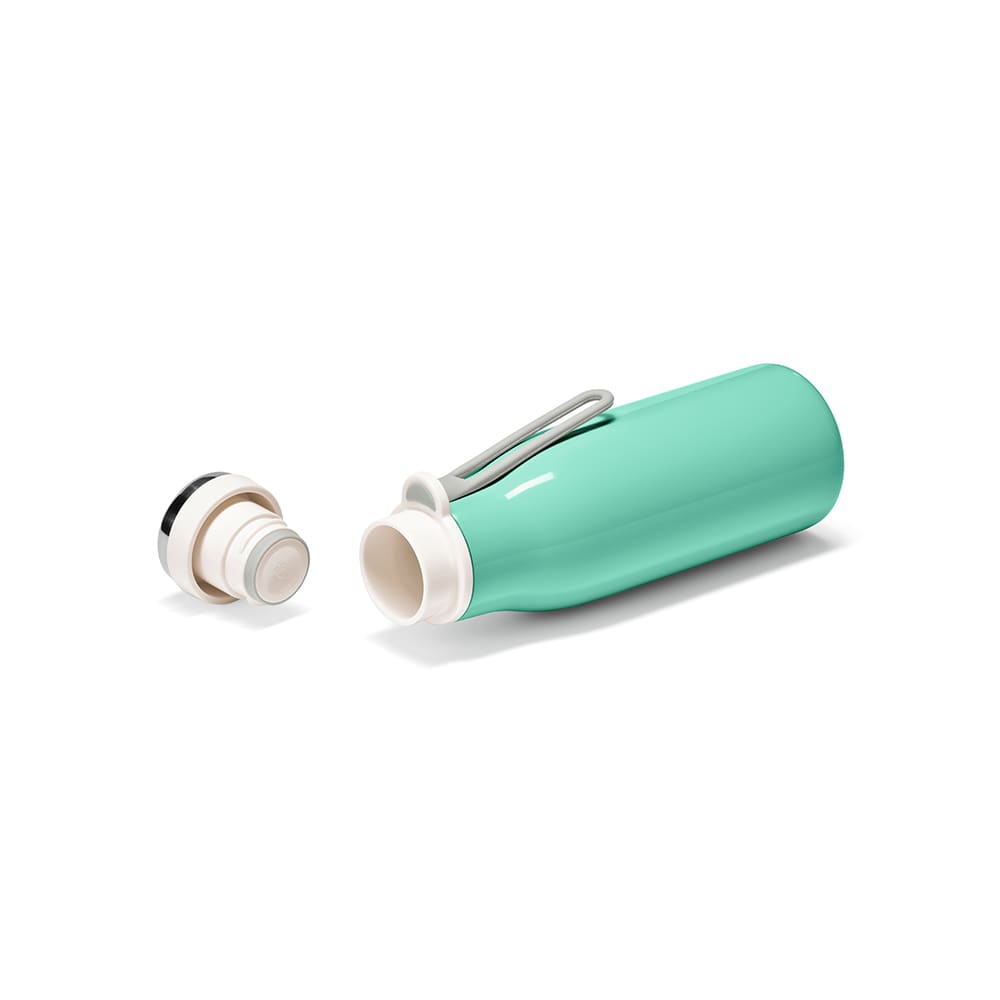 A drink bottle in teal with a white lid, double wall, leakproof design, and a handle. Includes a removable cap.