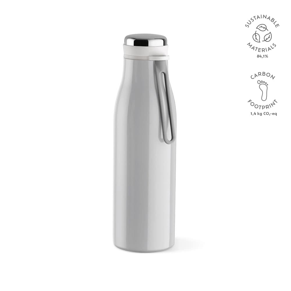 A drink bottle with a sleek silver design, featuring a handle and a leakproof double wall. It has a logo.
