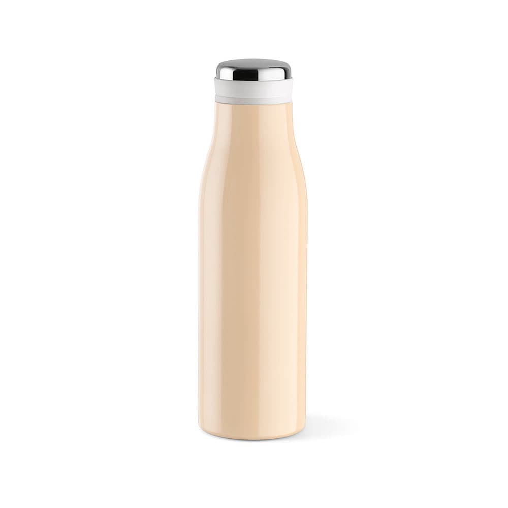 A drink bottle in a pale peach colour with a stainless steel top, featuring a handle and a leakproof design.