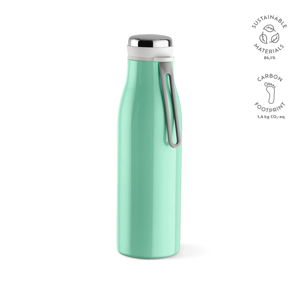 A drink bottle in a mint green colour, featuring a double wall, leakproof design, and a handle. Includes a logo.