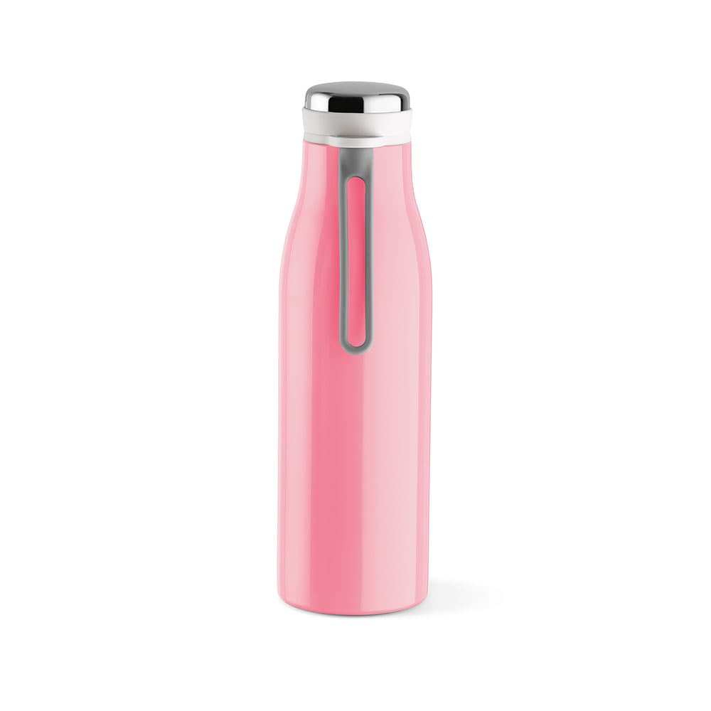 A drink bottle in pink with a stainless steel cap, double wall, leakproof design, and handle. Features a logo.