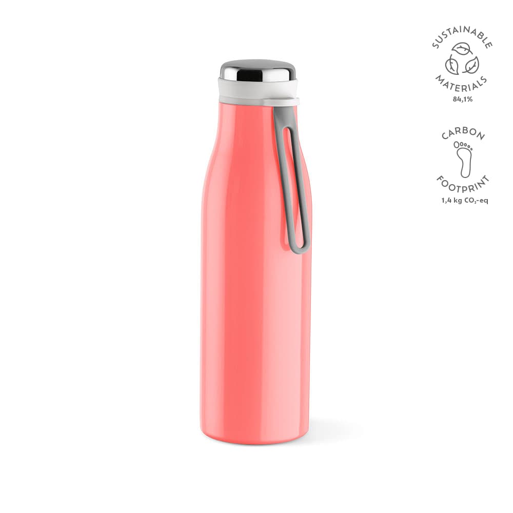 A drink bottle in coral pink with a double wall, leakproof design, and a handle. It features a logo on the side.