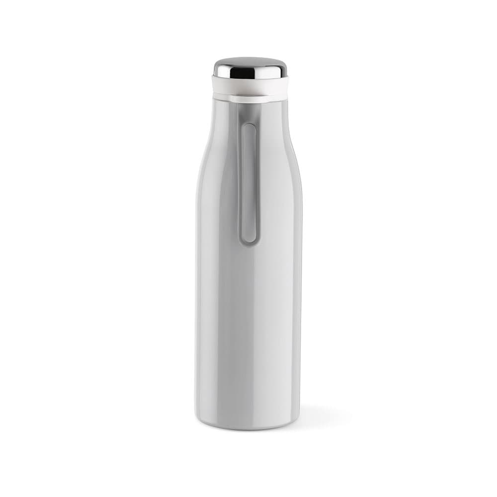 A drink bottle in silver with a double wall, leakproof design, and a handle. Features a logo.