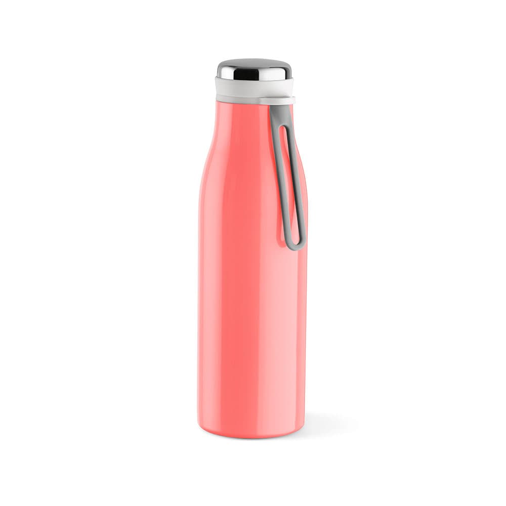 A drink bottle in coral pink with a double wall, leakproof design, and a handle. It features a logo.