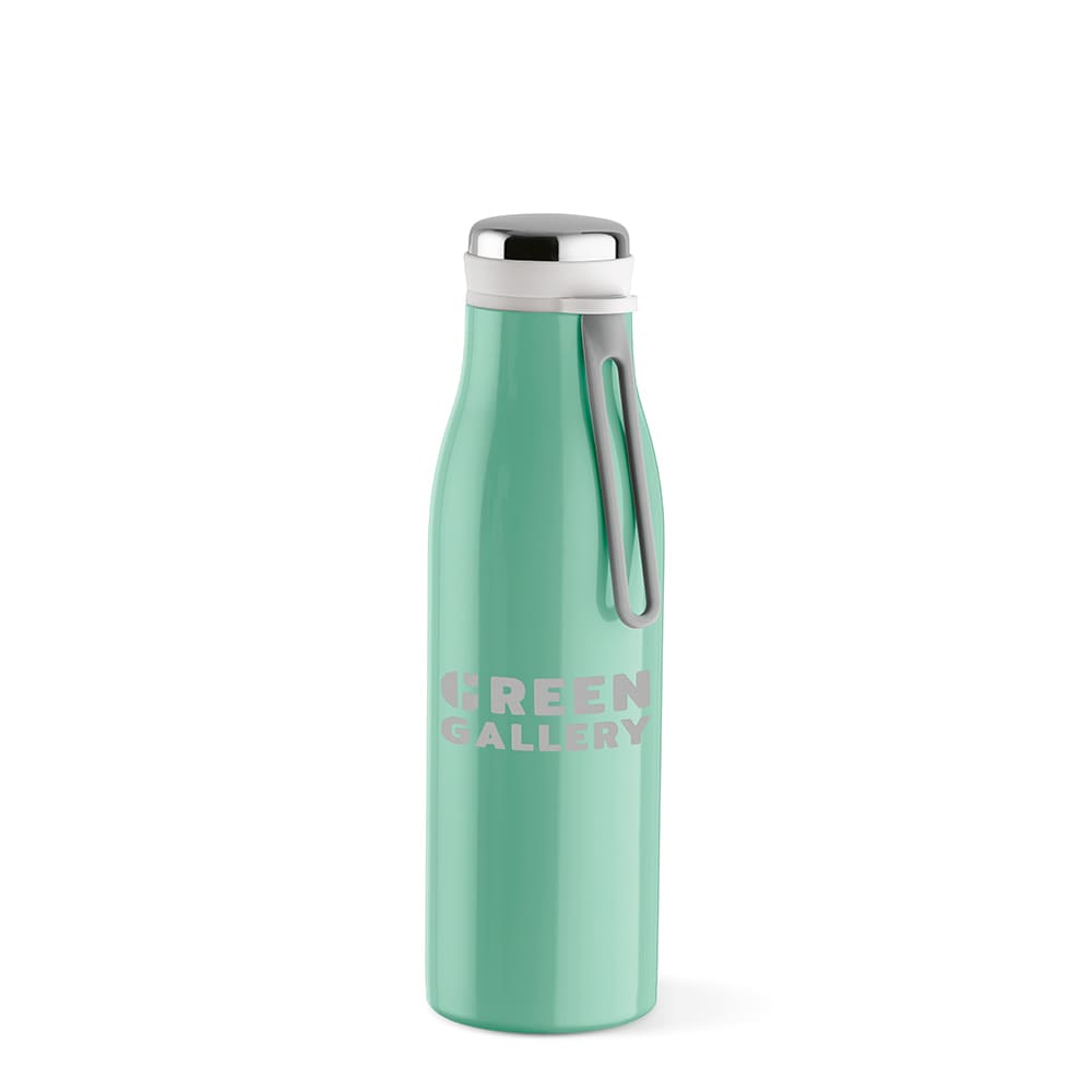 A drink bottle in a mint green colour, featuring a silver handle and a leakproof design. It has a logo visible on the surface.