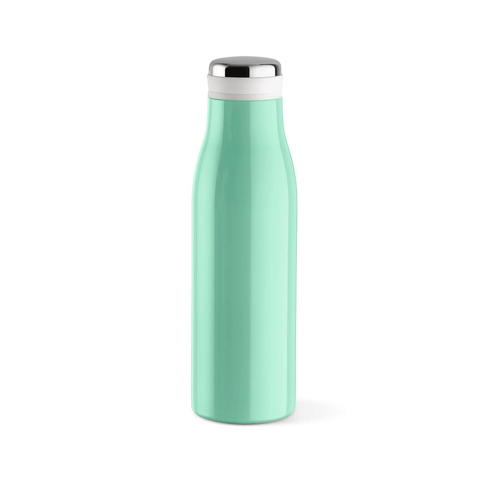 A drink bottle in a mint green colour, featuring a sleek design, double wall insulation, and a leakproof lid.
