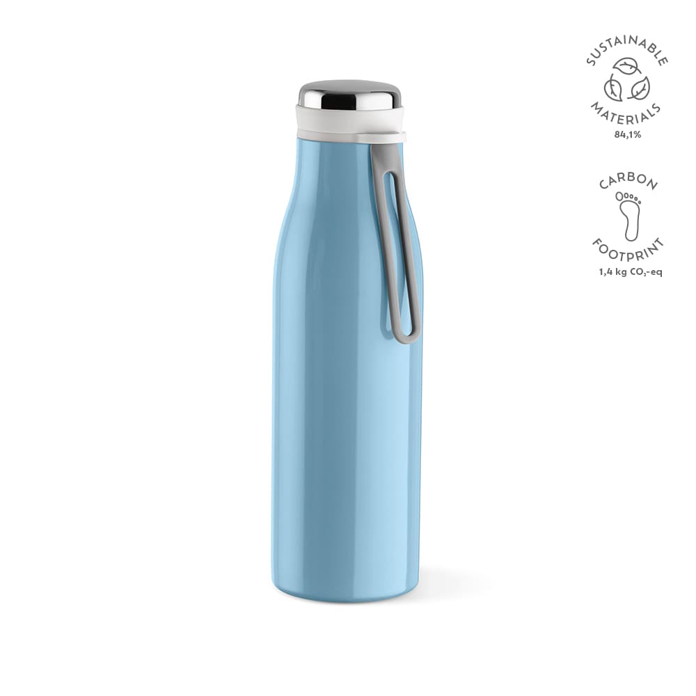 A drink bottle in light blue with a double wall, leakproof design, and a handle. It features a logo.