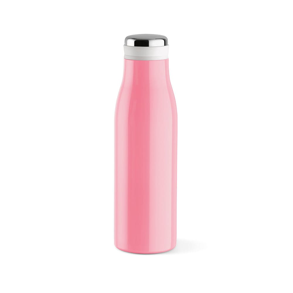 A drink bottle in a vibrant pink colour, featuring a double wall, leakproof design, and a handle.