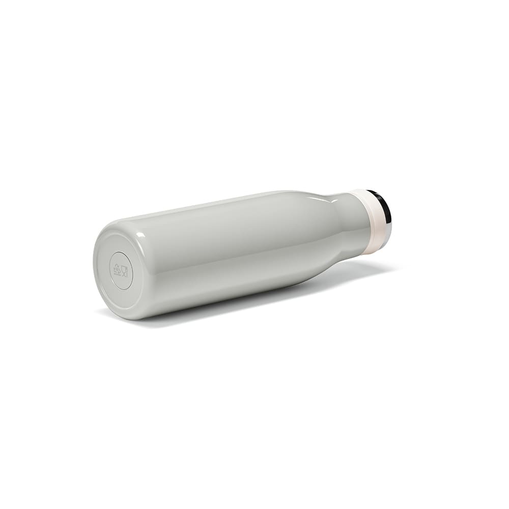 A drink bottle in light grey, featuring a double wall, leakproof design, and a handle. It has a logo on it.