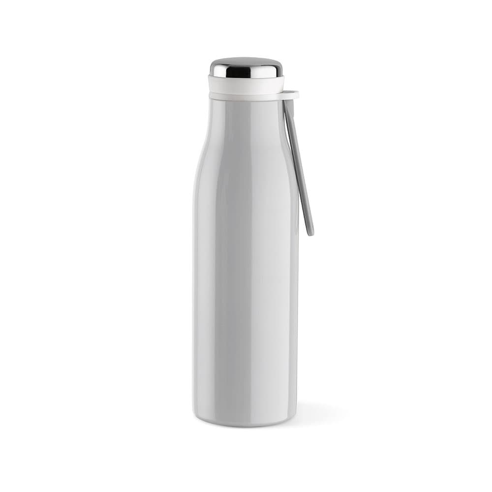 A drink bottle in grey with a leakproof design, double wall insulation, and a handle. It features a logo.