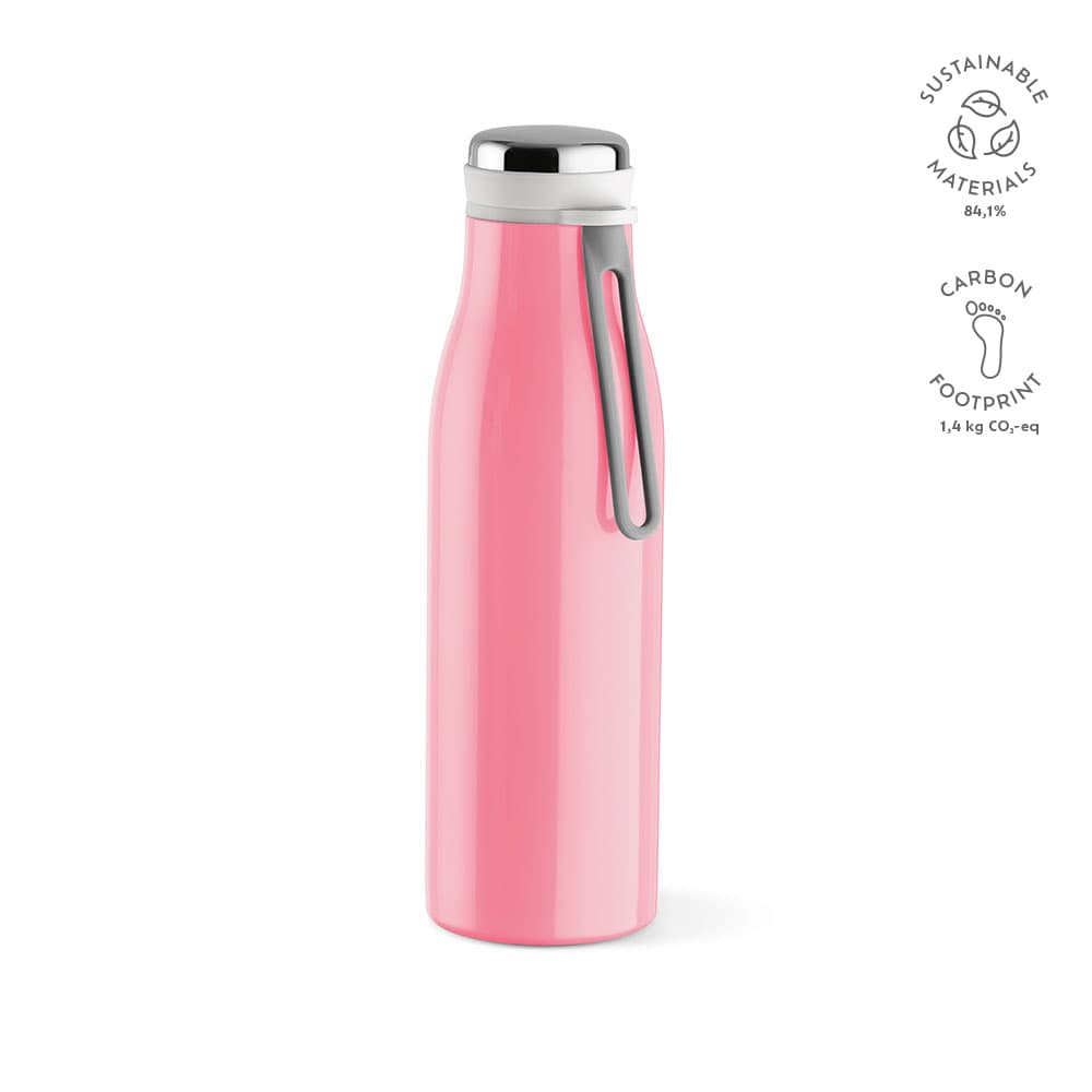 A drink bottle in pink with a double wall, leakproof design, and a handle. Features a logo.