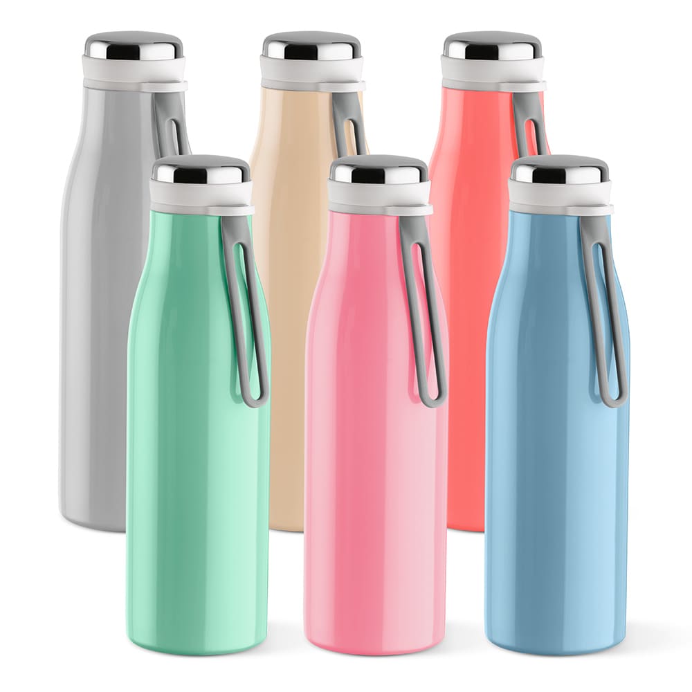 A drink bottle collection featuring six colours: grey, beige, mint green, pink, coral, and light blue. Each has a handle and a logo.