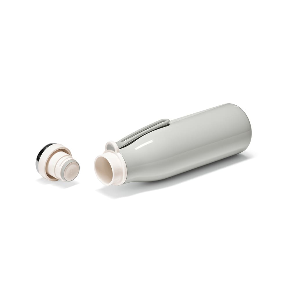 A drink bottle in a light grey finish, featuring a double wall, leakproof design, and removable cap with a handle.