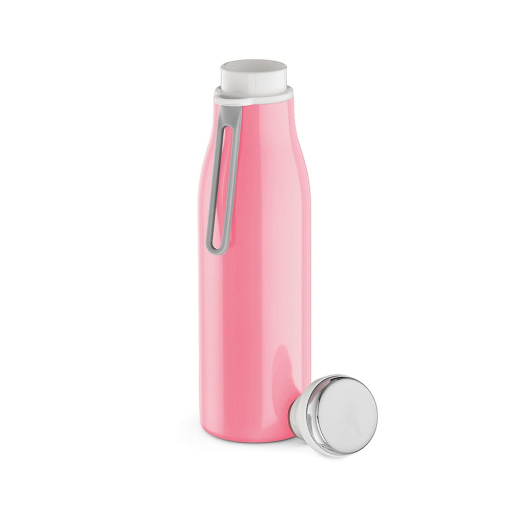 A drink bottle in pink with a stainless steel lid, featuring a double wall design and a handle. It has a logo.