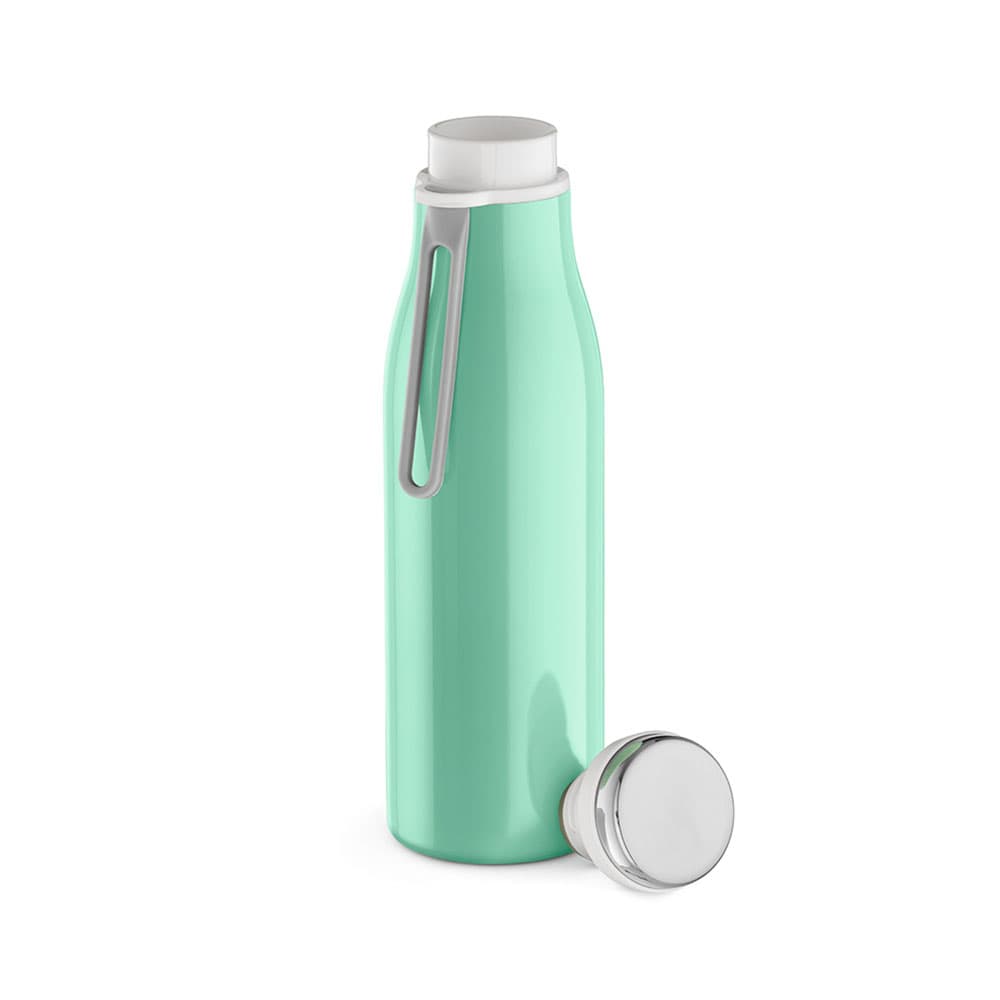 A drink bottle in mint green with a double wall, leakproof design, and a handle. Includes a silver cap.