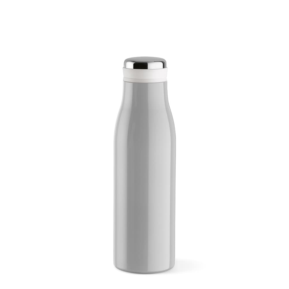 A drink bottle in a sleek grey finish, featuring a double wall, leakproof design, and a handle. It has a logo.