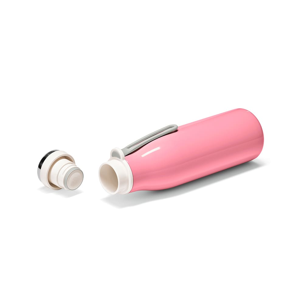A drink bottle in pink with a double wall, leakproof design, and a handle, accompanied by a removable lid.