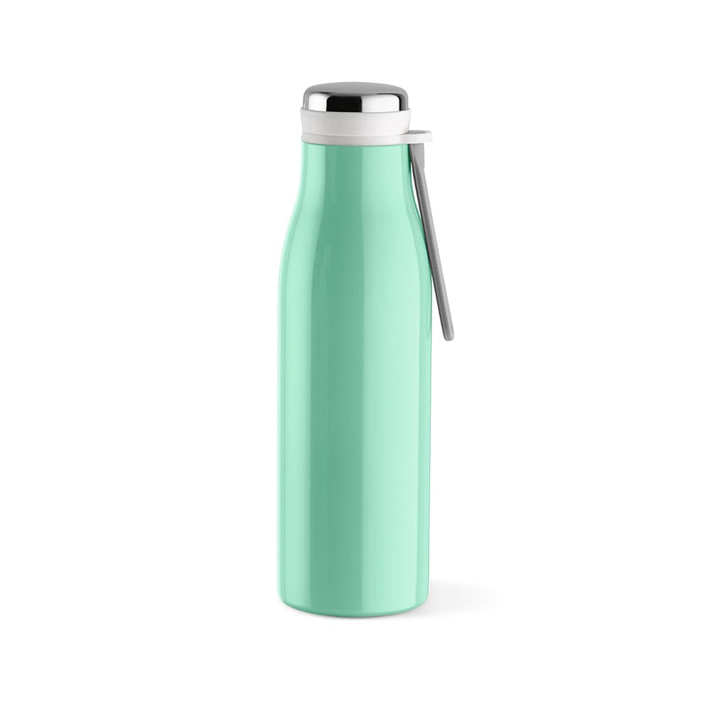 A drink bottle in mint green, featuring a double wall, leakproof design, and a handle. Includes a logo.