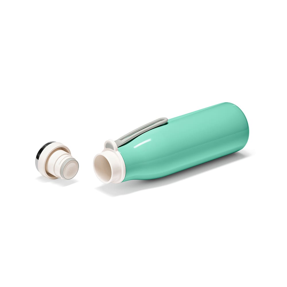 A drink bottle in teal with a double wall, leakproof design, and a handle. Includes a removable lid.