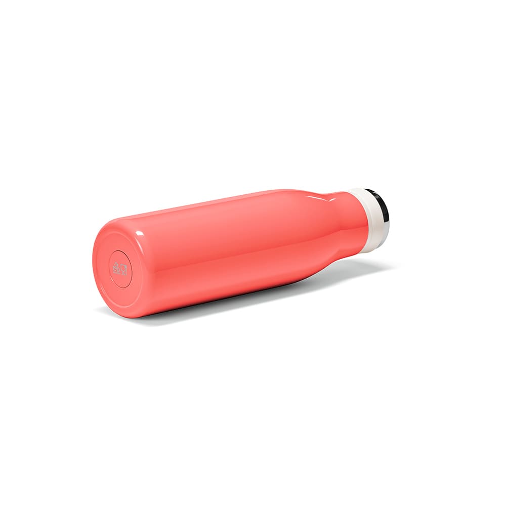 A drink bottle in vibrant coral colour with a white lid, featuring a double wall and leakproof design.