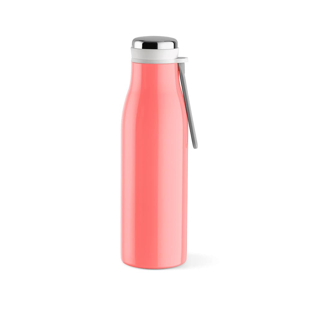 A drink bottle in a vibrant coral colour, featuring a double wall, leakproof design, and a handle.