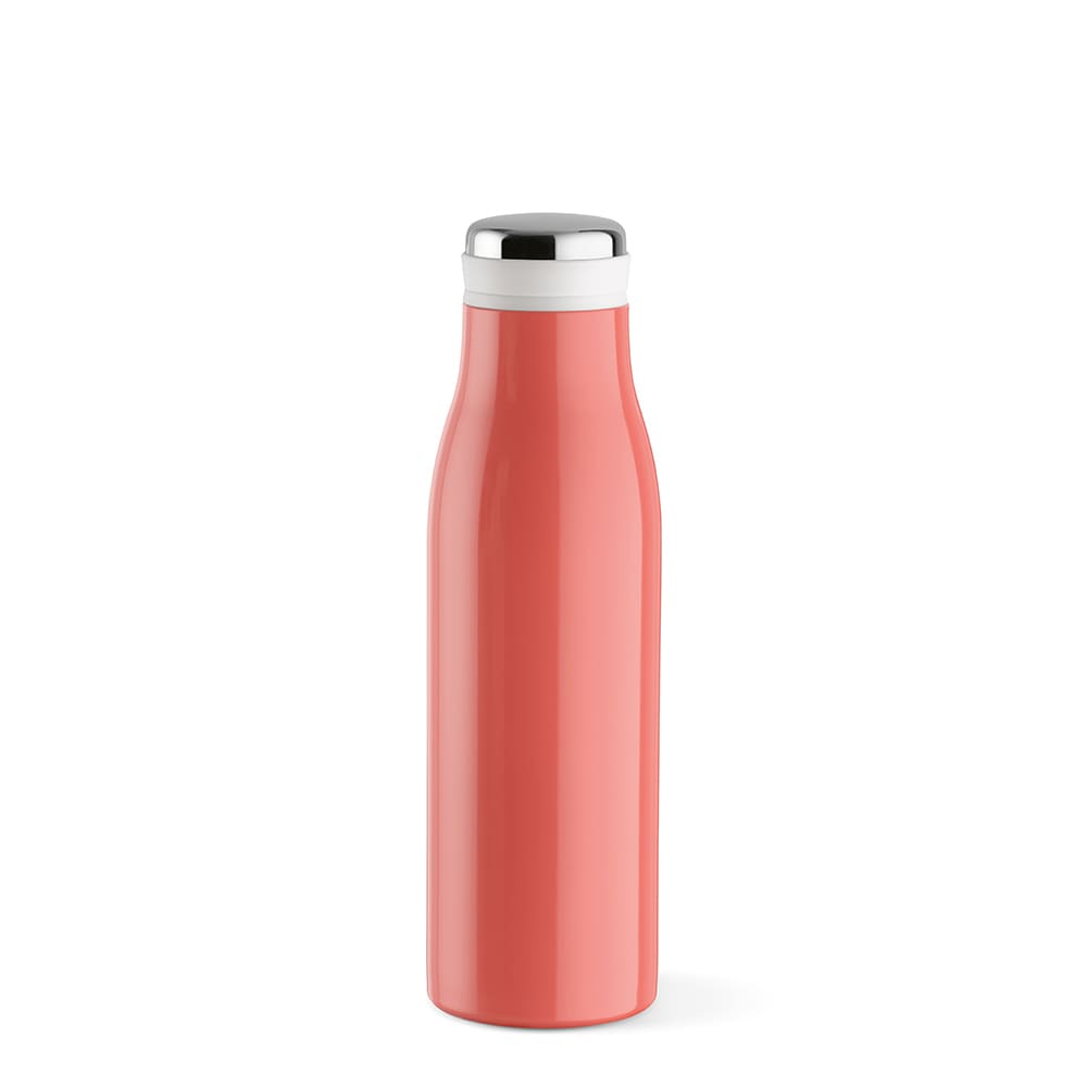 A drink bottle in a coral colour with a sleek design, double wall, leakproof cap, and a handle.