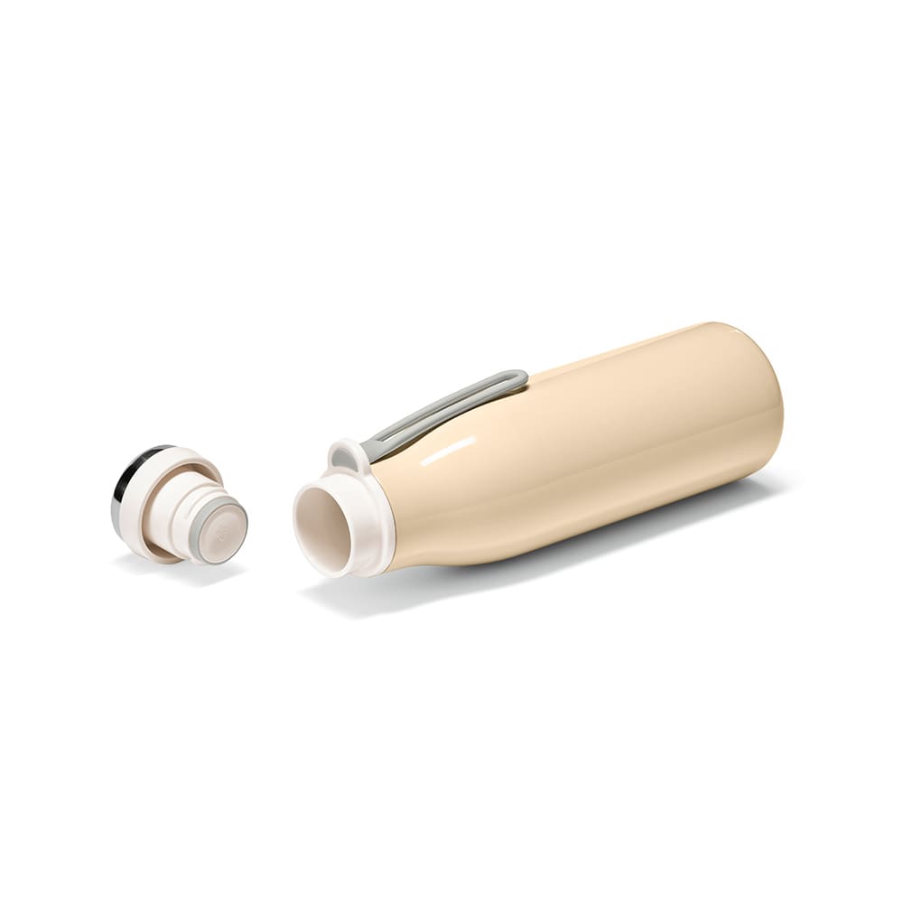 A drink bottle in a creamy beige colour, featuring a double wall, leakproof design, and a handle. Includes a removable lid.