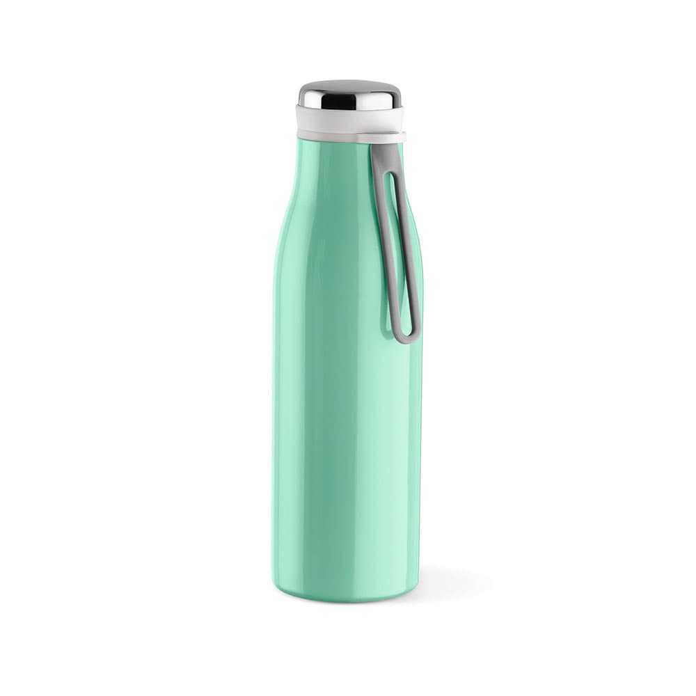 A drink bottle in mint green with a stainless steel handle, double wall insulation, and a leakproof design.